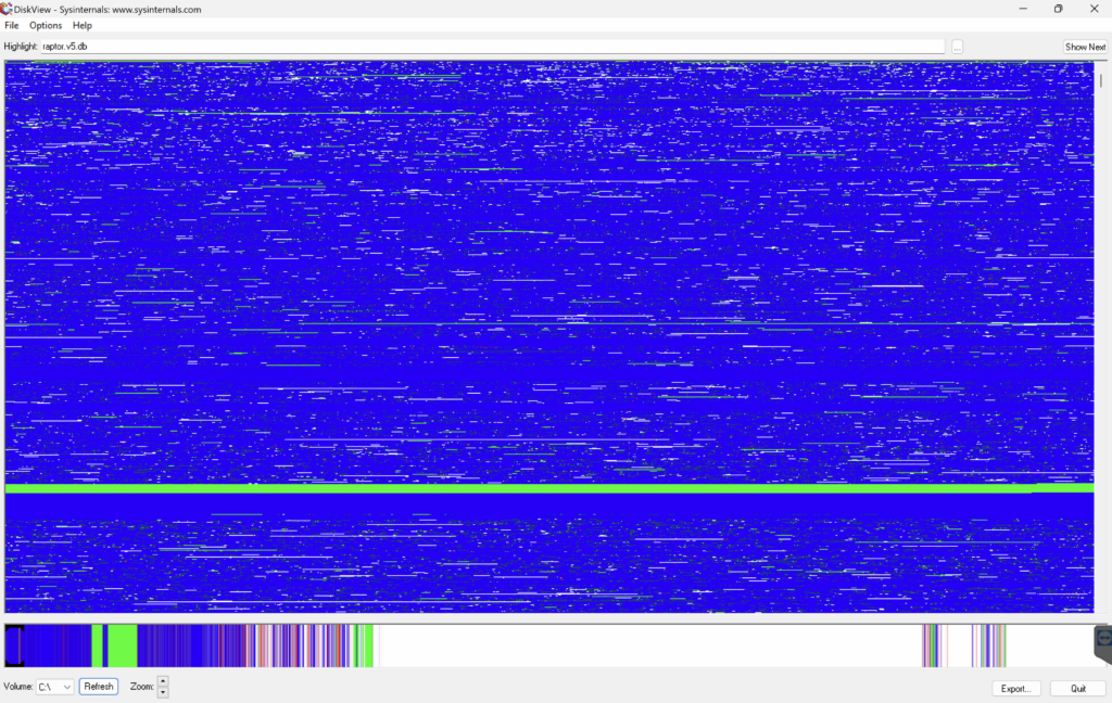 DiskView of raptor.v5.db scattered across an SSD
